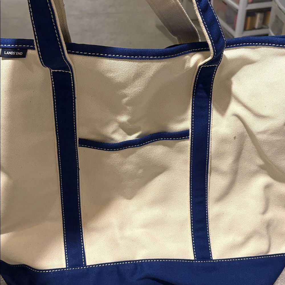 Lands End open top tote blue and cream zip top Canvas Tote Bag